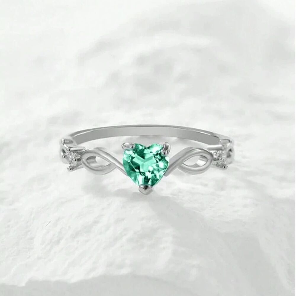Silver Lt Green Zirconia Crystal Heart Band Ring Promise Gmstone Sweetheart sz 7